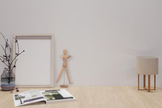 Vertical wooden frame mockup. mock up poster on wooden desk,3d illustration.