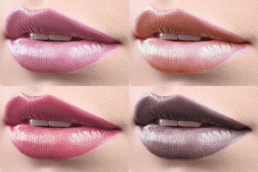 Pink to brown. Collage of 4 close up shots of lips of a beautiful woman covered with lip gloss beauty sexy seductive sensuality femininity lipstick cosmetics beautician lip augmentation concept