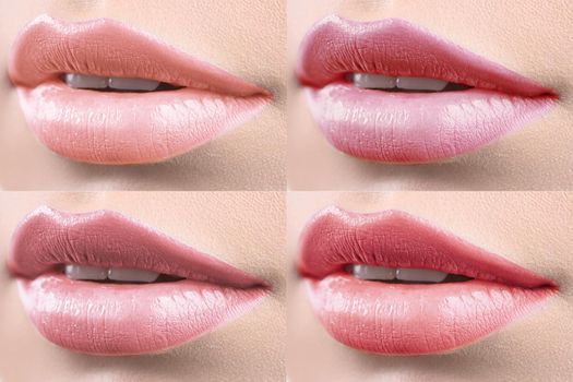 Beautiful lips. Set of female mouths sexy lips covered with colorful lipstick face skin cosmetic products advertising beauty treatment augmentation procedure filler concept