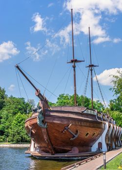 Kyiv, Ukraine 07.10.2020. Wooden Galleon barge or ship restaurant in the Mezhyhirya Residence, Kyiv, Ukraine, on a sunny summer day