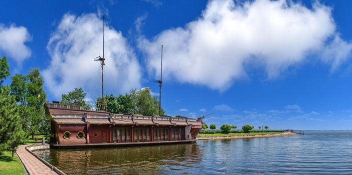 Kyiv, Ukraine 07.10.2020. Wooden Galleon barge or ship restaurant in the Mezhyhirya Residence, Kyiv, Ukraine, on a sunny summer day