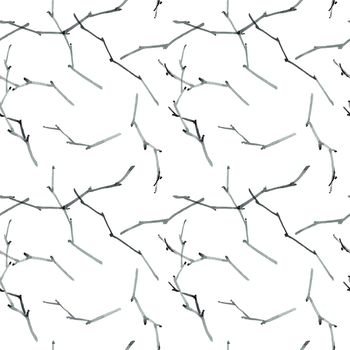 Watercolor tree branches without leaves on white background - seamless pattern