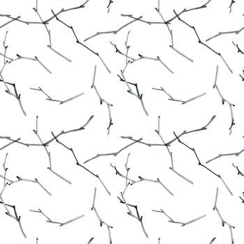 Watercolor tree branches without leaves on white background - seamless pattern