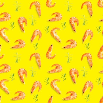 Seamless pattern made from Prawn isolated on a yellow background. Tiger shrimp. Seafood seamless pattern with shrimps. seafood pattern