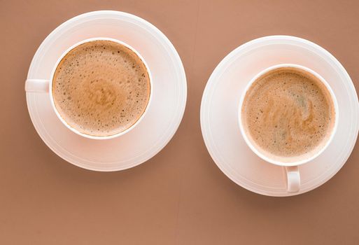 Drinks menu, italian espresso recipe and organic shop concept - Cup of hot coffee as breakfast drink, flatlay cups on beige background