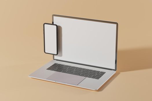 Laptop computer mockup in 3d rendering illustration with screeen for placing advertisements in minimal design. Online shopping 