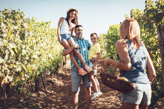 Beautiful young smiling family of four having fun at a vineyard.