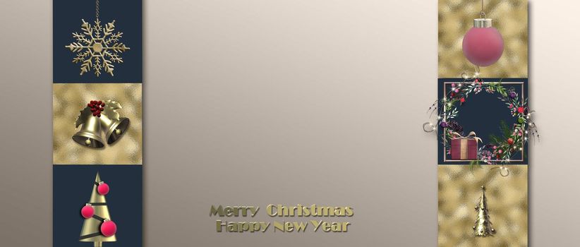 Christmas holiday banner. Christmas New Year ornament on pastel background Gold text Merry Christmas Happy New Year. 3D illustration