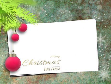 Christmas holiday greetings, mock up. Place for text, copy space. Xmas tree, red balls baubles, blank envelop on pastel green background. 3D illustration