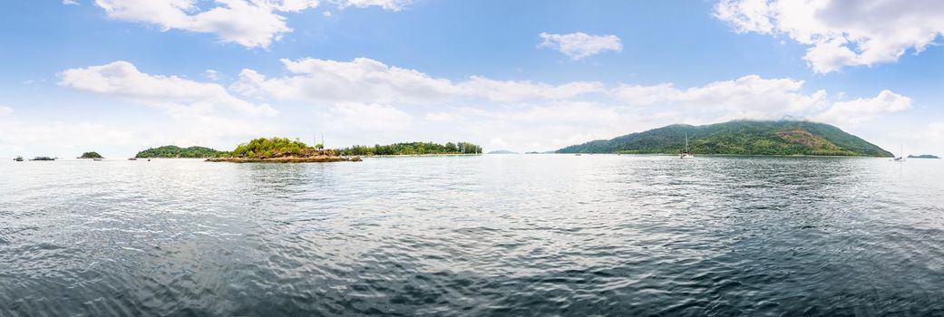 Panorama beautiful nature landscape Koh Lipe island, Ko Adang island and Ko Talang island in the Andaman Sea under the blue sky and white clouds of summer, Tarutao National Park, Satun, Thailand