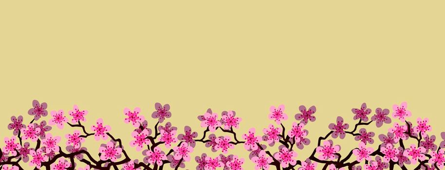 Floral greeting banner with beautiful pink blossom flowers branch Sakura. Yellow colors Background with copy space text on Cherry Twig In Bloom. Postcard good for wedding invitation, Mother, Women day