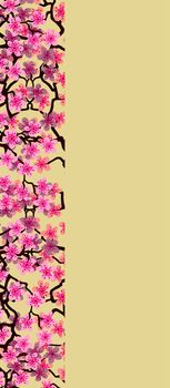 Vertical Floral greeting card with beautiful pink blossom flowers branch Sakura.Yellow colors Background with copy space text on Cherry Twig In Bloom.Postcard for wedding invitation, Mother, Women day