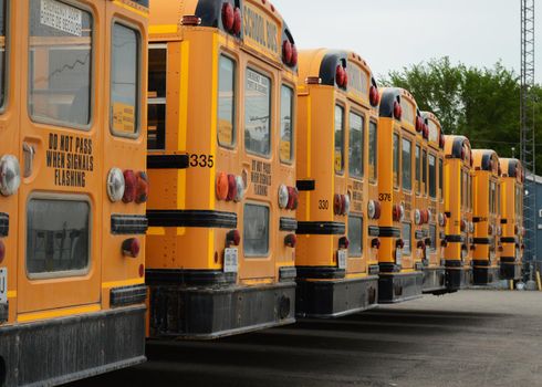 Many school buses parked at the lot while not being used on the roadway.