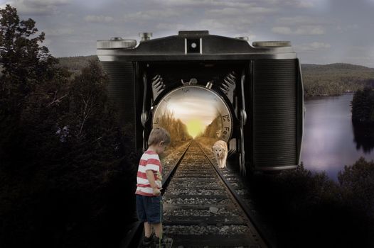 A young boy finds his way to the wonderful world of photography in this surreal composite image.