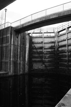 A black and white image of the Rideau River Lock System located in sensational Smiths Falls, Ontario.