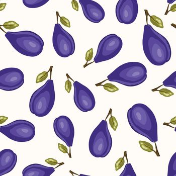 Seamless pattern with plum on white background. Natural delicious fresh ripe tasty fruit. Vector illustration for print, fabric, textile, banner, other design. Stylized plums with leaves. Food concept