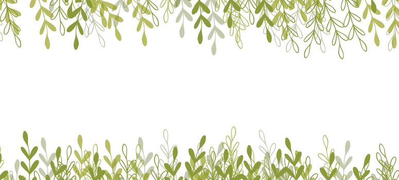 Floral web banner with drawn color exotic leaves. Nature concept design. Modern floral compositions with summer branches. Vector illustration on the theme of ecology, natura, environment. Copy space.