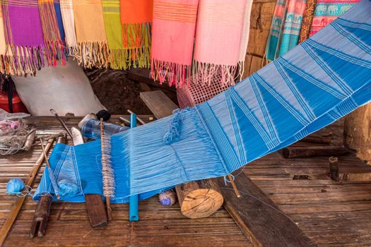 Thai hilltribe loom wood machine for weaving cloth, Cloth handicraft (hand-woven) hilltribe in northern Thailand.