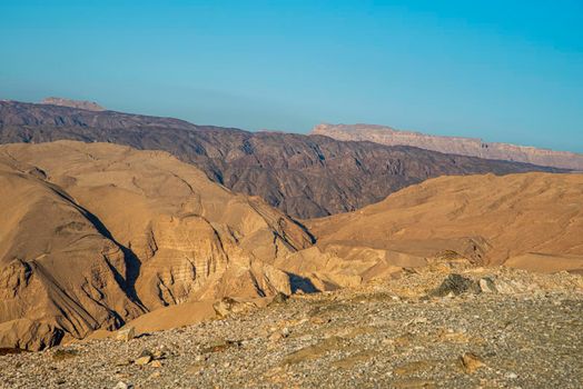 Arid desert mountains against the backdrop of blue clear sky. Shlomo mountain, Eilat Israel. Morning Daylight . High quality photo