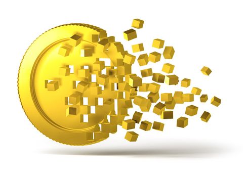 Crypto currency golden virtual money coin breaking into scattered digital pixel blocks, 3D cryptocurrency prices concept