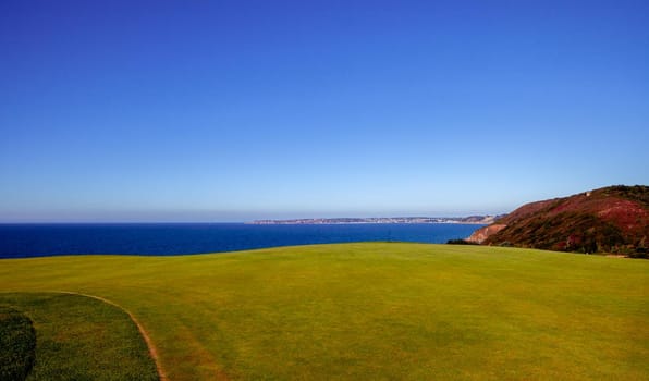 Pleneuf Val Andre Golf course, Bretagne, France, in the background, the channel sea