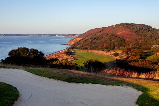 Pleneuf Val Andre Golf course, Bretagne, France, in the background, the channel sea