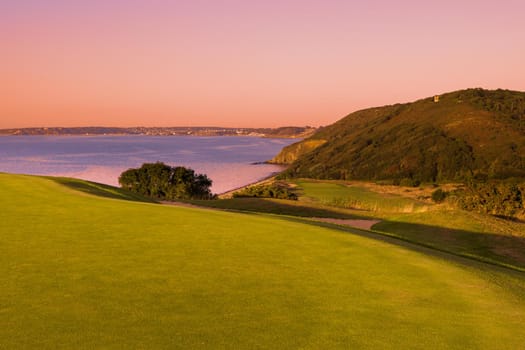 Pleneuf Val Andre Golf course, Bretagne, France, in the background, the channel sea