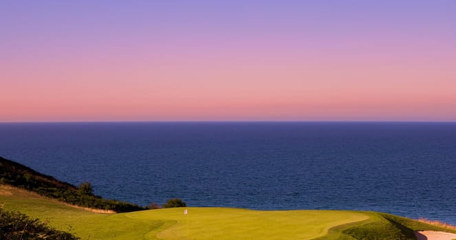 Pleneuf Val Andre Golf course, Bretagne, France, in the background, the channel sea