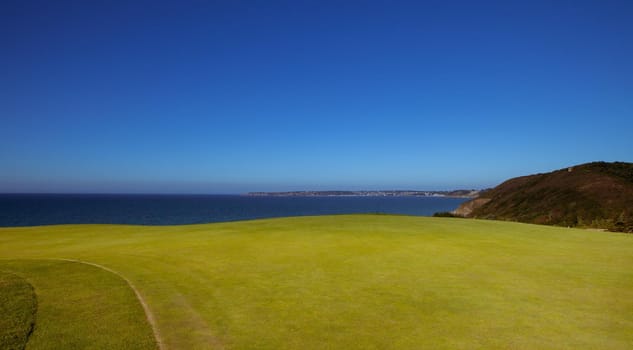 Pleneuf Val Andre Golf course, Bretagne, France, in the background, the channel sea