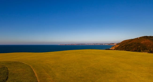 Pleneuf Val Andre Golf course, Bretagne, France, in the background, the channel sea