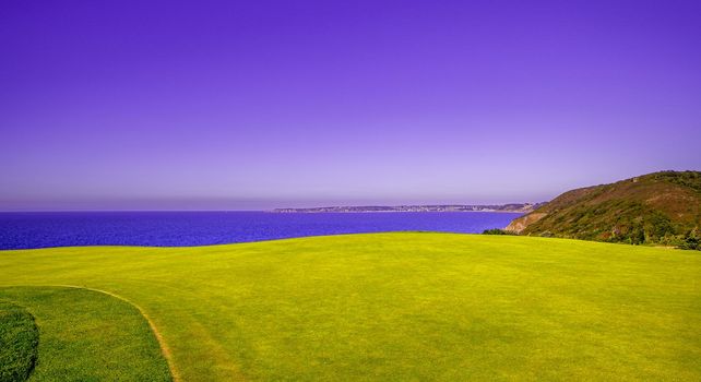 Pleneuf Val Andre Golf course, Bretagne, France, in the background, the channel sea