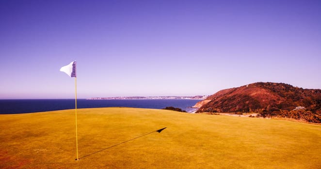 Pleneuf Val Andre Golf course, Bretagne, France, in the background, the channel sea