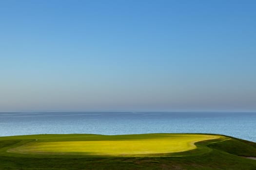 Pleneuf Val Andre Golf course, Bretagne, France, in the background, the channel sea