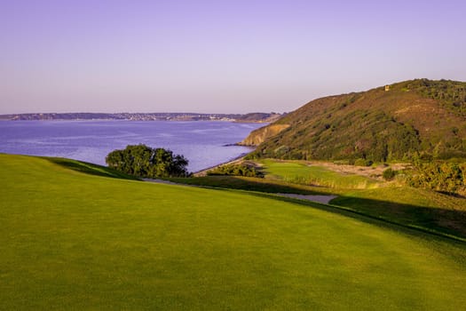 Pleneuf Val Andre Golf course, Bretagne, France, in the background, the channel sea