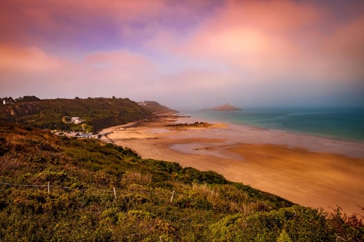 Pleneuf Val Andre Golf course, Bretagne, France, in the background, the channel sea