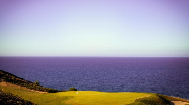 Pleneuf Val Andre Golf course, Bretagne, France, in the background, the channel sea