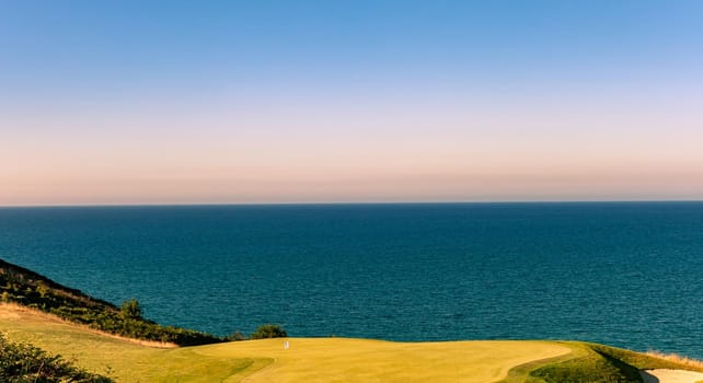 Pleneuf Val Andre Golf course, Bretagne, France, in the background, the channel sea