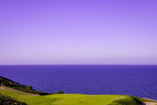 Pleneuf Val Andre Golf course, Bretagne, France, in the background, the channel sea