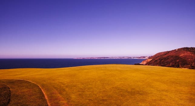 Pleneuf Val Andre Golf course, Bretagne, France, in the background, the channel sea