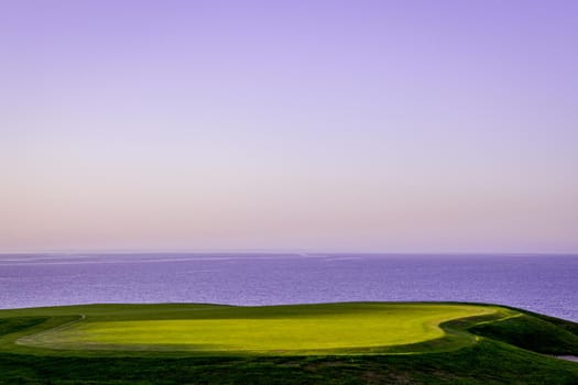 Pleneuf Val Andre Golf course, Bretagne, France, in the background, the channel sea