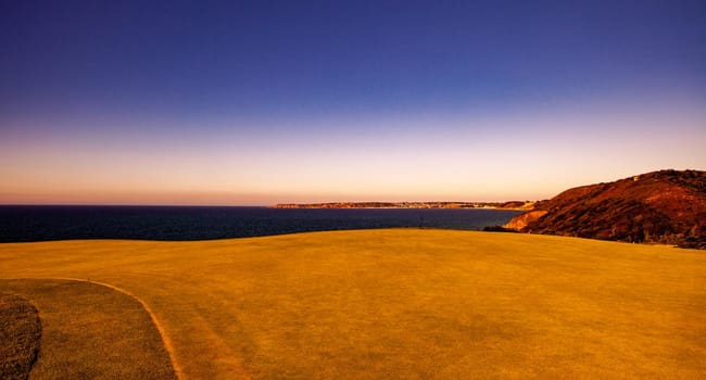 Pleneuf Val Andre Golf course, Bretagne, France, in the background, the channel sea