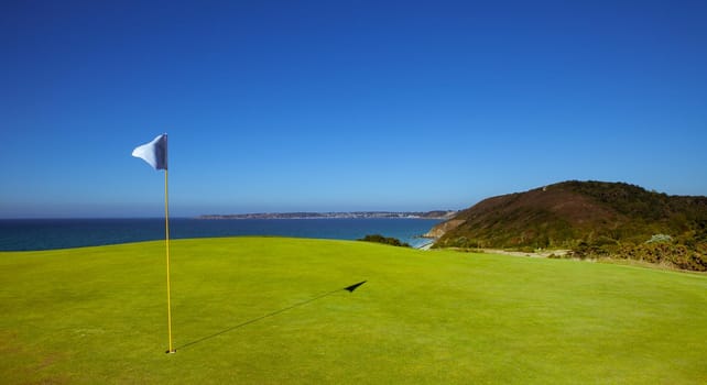 Pleneuf Val Andre Golf course, Bretagne, France, in the background, the channel sea