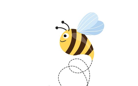 Bee cartoon mascot. A small bees flying on a dotted route. Wasp collection. Vector characters. Incest icon. Template design for invitation, cards. Doodle style.