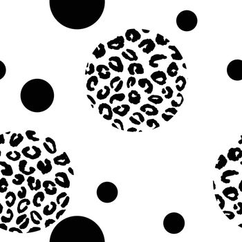 Abstract modern leopard seamless pattern with circles. Animals trendy background. Black and white decorative vector illustration for print, card, fabric, textile. Modern ornament of stylized skin.