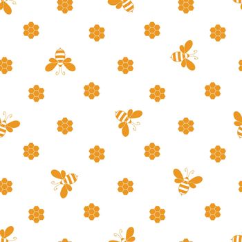 Seamless pattern with bees and honeycombs on white background. Small wasp. Vector illustration. Adorable cartoon character. Template design for invitation, cards, textile, fabric. Doodle style.