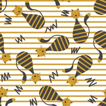 Vector flat illustration with silhouette cute cat. Seamless trendy pattern in scandinavian style on white striped background. Design for card, poster, fabric, textile.