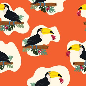 Seamless pattern with cute cartoon toucan bird on branch. Vector illustration for wallpaper, fabric, textile. Summer exotic print. Tropical toucan with floral monstera leaves.