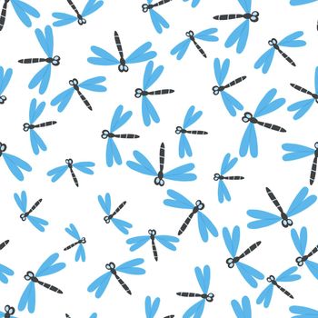 Seamless pattern with color dragonfly on white background. Romantic vector illustration. Adorable cartoon character. Template design for invitation, textile, fabric. Doodle style.