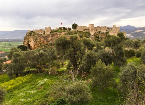 Beautiful view of Becin Castle Milas Turkey in spring