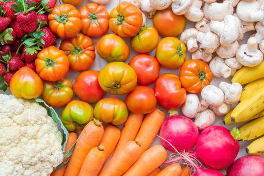 Assorted fresh ripe vegetables and fruits. Healthy food concept background. Top view